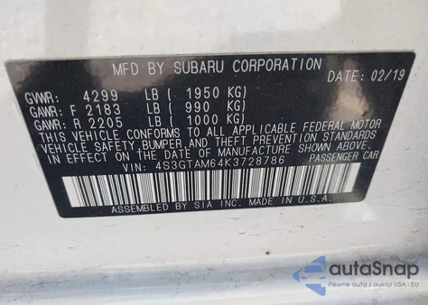 2019 Subaru Impreza 2.0I Sport from USA, damaged, VIN 4S3GTAM64K3728786